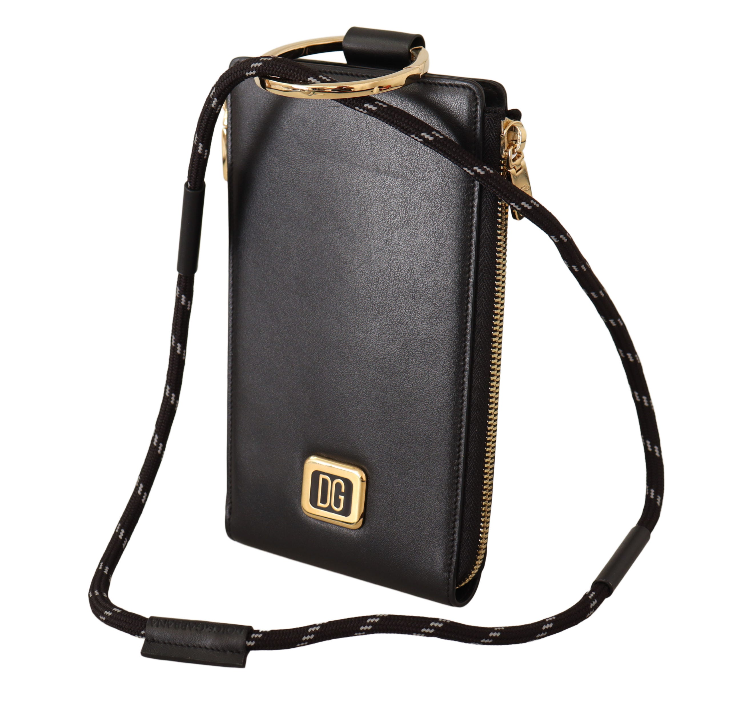Dolce & Gabbana Black Leather Logo Plaque Neck Strap Card Coin Women's Wallet
