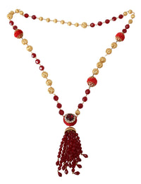 Dolce & Gabbana Gold Tone Brass Red Crystals Pendant Opera Chain  Women's Necklace3