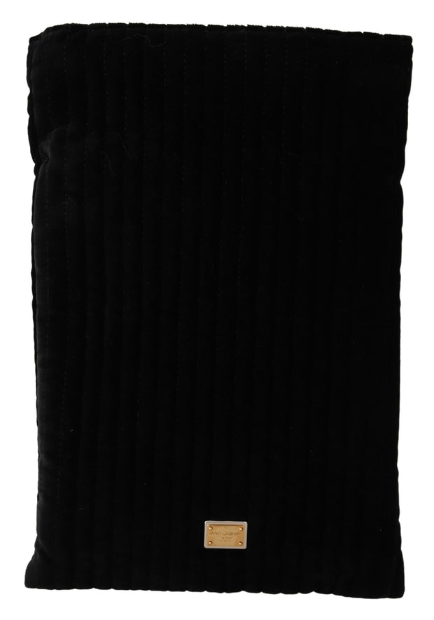 Dolce & Gabbana Black Velvet Quilt Drawstring Logo Plaque Pouch Women's Bag