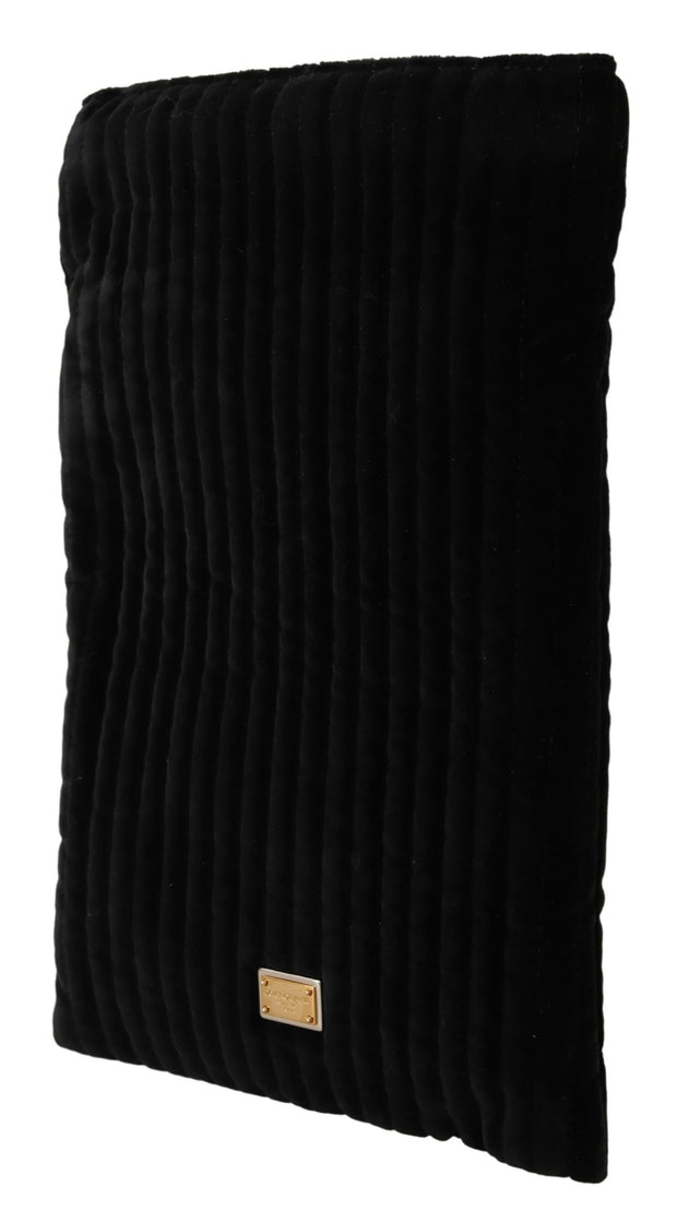 Dolce & Gabbana Black Velvet Quilt Drawstring Logo Plaque Pouch Women's Bag