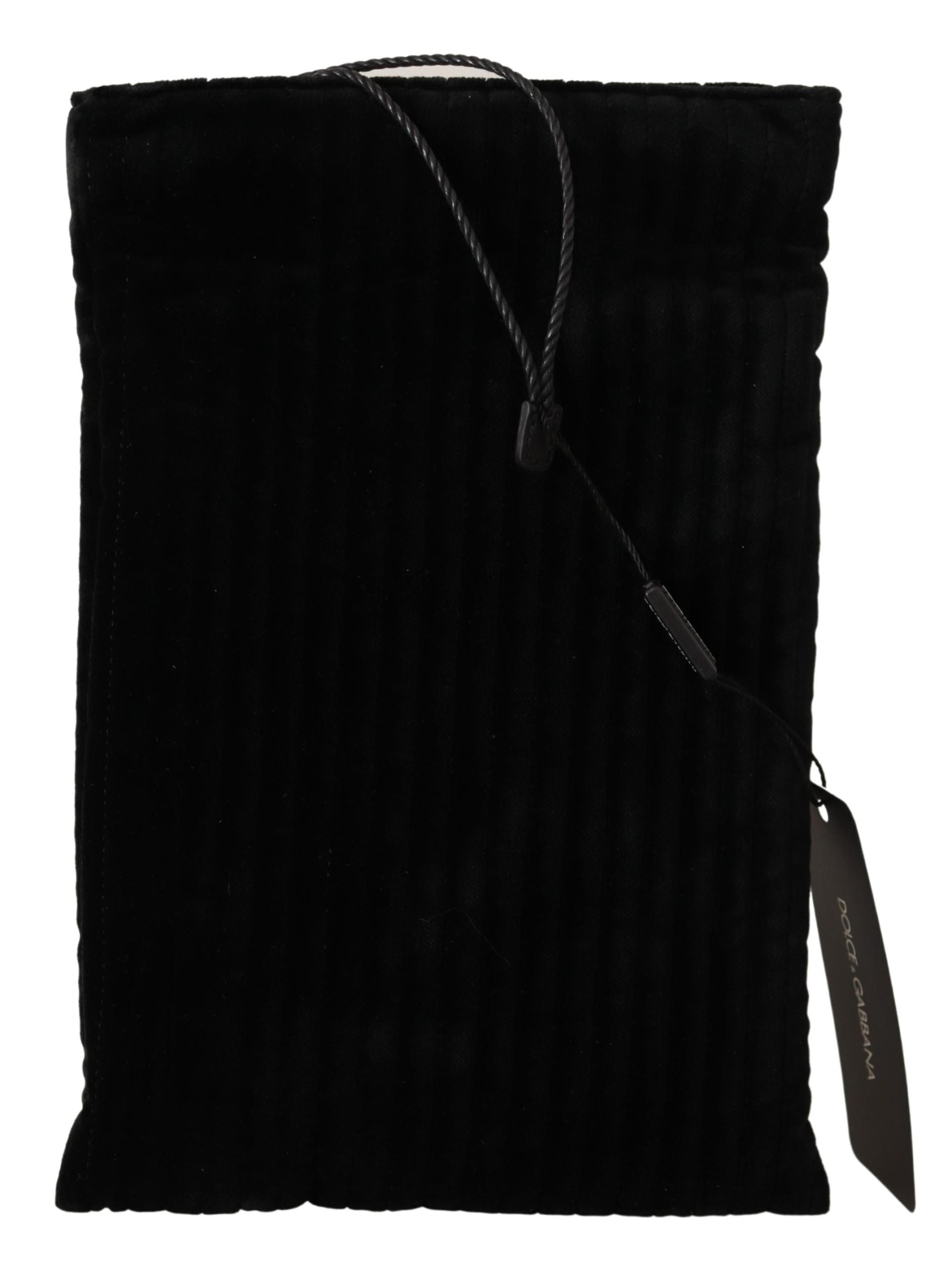 Dolce & Gabbana Black Velvet Quilt Drawstring Logo Plaque Pouch Women's Bag