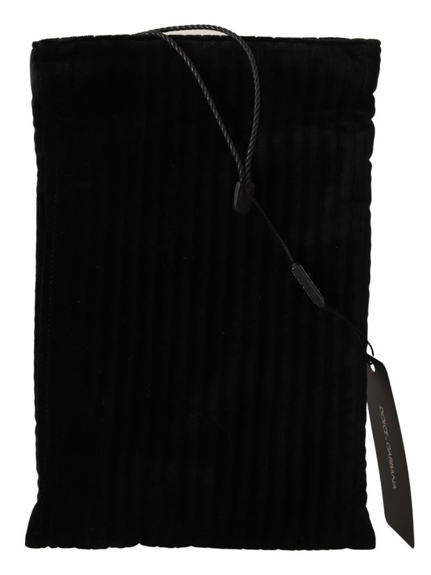 Dolce & Gabbana Black Velvet Quilt Drawstring Logo Plaque Pouch Women's Bag
