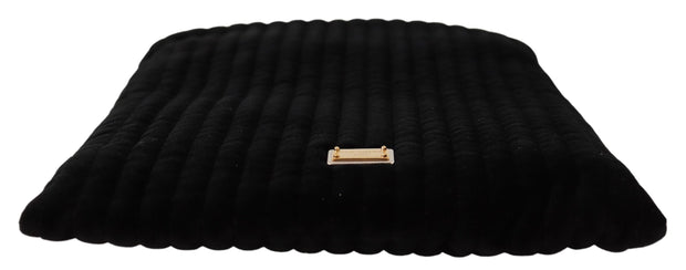 Dolce & Gabbana Black Velvet Quilt Drawstring Logo Plaque Pouch Women's Bag
