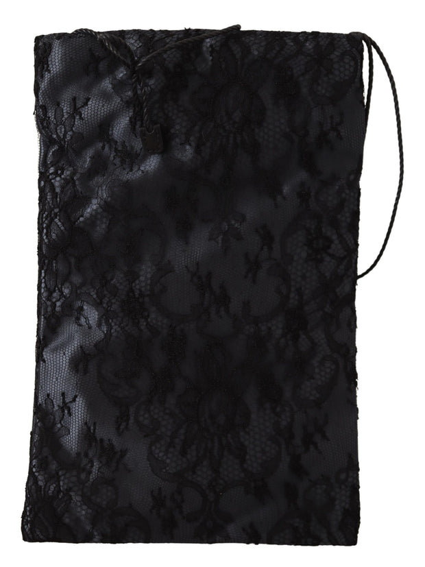 Dolce & Gabbana Black Satin Lace Drawstring Holder Logo Plaque Pouch Women's Bag