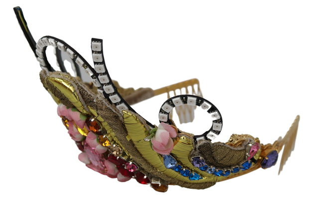 Dolce & Gabbana Gold Brass Floral Crystals LED Lights Crown Tiara Women's Diadem