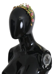 Dolce & Gabbana Gold Tone Brass Enamel Rose Green Crystals Headband Women's Diadem