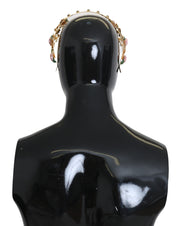 Dolce & Gabbana Gold Tone Brass Enamel Rose Green Crystals Headband Women's Diadem