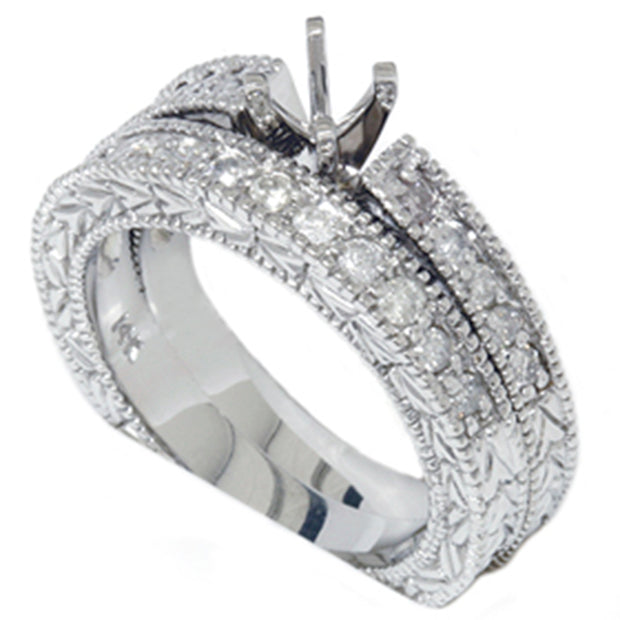 1/2 Ct Vintage Diamond Engagement Wedding Ring Setting Set 14K White Gold Band