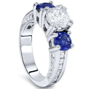 3ct Three Stone Enhanced Diamond Blue Sapphire Accent Ring 14K White Gold