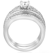 1 1/10ct Diamond Pave Wide Engagement Wedding Ring Set 14K White Gold