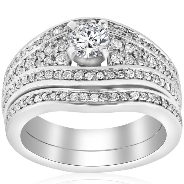 1 1/10ct Diamond Pave Wide Engagement Wedding Ring Set 14K White Gold