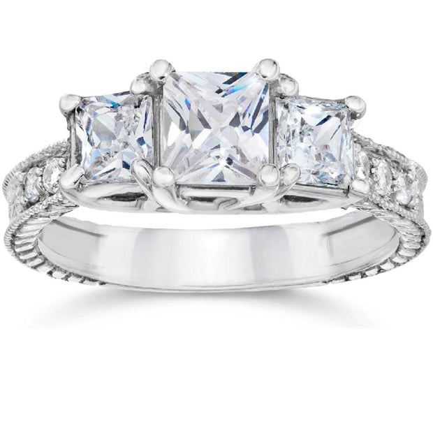 G SI 2ct Vintage Three Stone Princess Cut Diamond Engagement Ring 14K White Gold