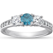 1 Carat Three Stone Treated Blue & White Diamond Ring 14K White Gold