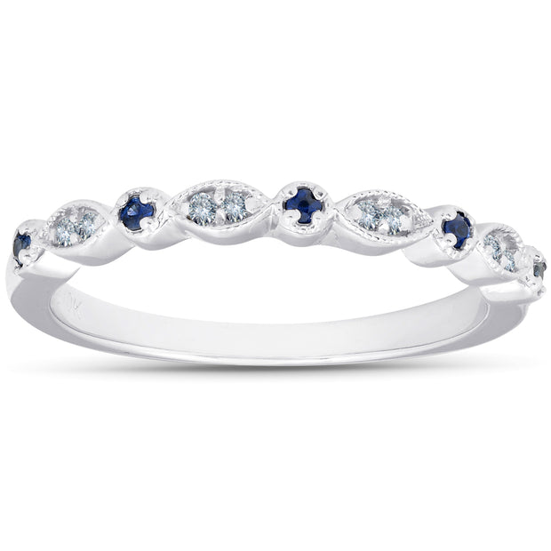 1/5ct Blue Sapphire & Diamond Wedding Ring Stackable Band 10k White Gold