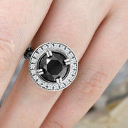 6ct Treated Black Diamond Halo Vintage Engagement Ring 14K White Gold