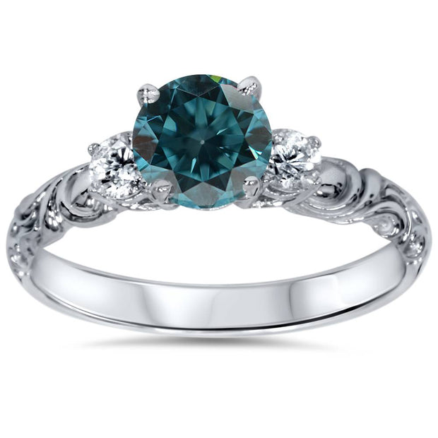 1.25Ct 3-Stone Heat Treated Blue Diamond Vintage Engagement Ring 14K White Gold