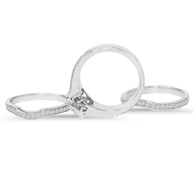 1 ct TDW Cushion Halo Real Diamond Trio Engagement Guard Wedding Ring Set Gold