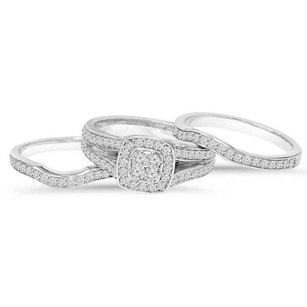 1 ct TDW Cushion Halo Real Diamond Trio Engagement Guard Wedding Ring Set Gold