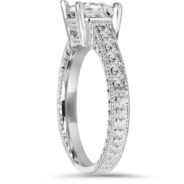 1 1/4ct Princess Cut Diamond Vintage Hand Engraved Unique Engagement Ring 14k WG