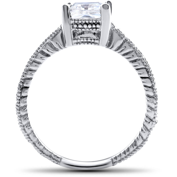 1 1/4ct Princess Cut Diamond Vintage Hand Engraved Unique Engagement Ring 14k WG