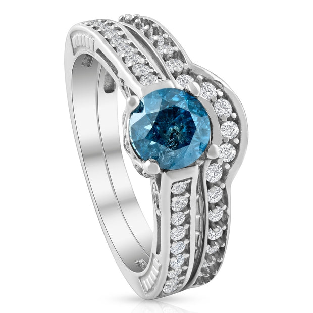 1 1/2ct Blue & White Vintage Diamond Engagement Ring Set 14K White Gold