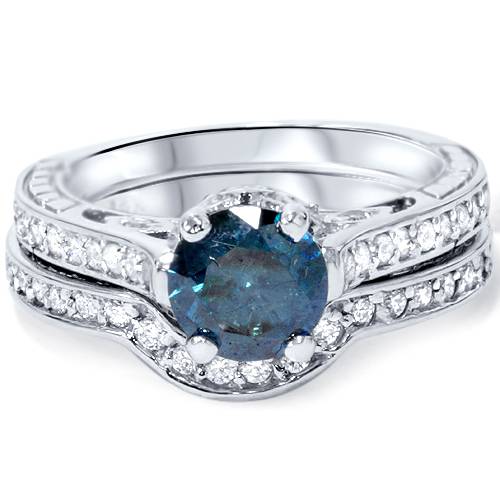 1 1/2ct Blue & White Vintage Diamond Engagement Ring Set 14K White Gold