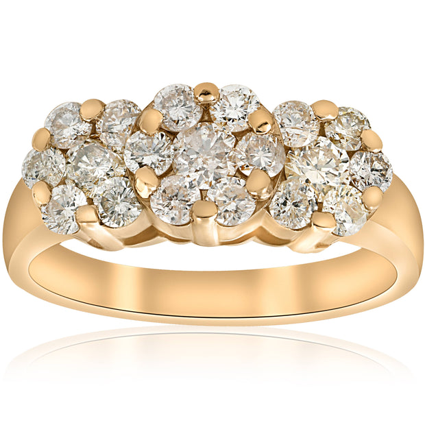 1 1/3ct Diamond Three Stone Ring 14K Yellow Gold Engagement Ring Halo Jewelry
