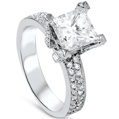 2 7/8ct Princess Cut Pave Enhanced Diamond Engagement Ring 14K White Gold