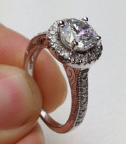 2ct Vintage Enhanced Diamond Halo Engagement Ring 14K White Gold Engraved Detail