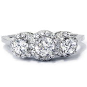 1Ct T.W. Halo Three Stone Round Diamond Engagement Ring 14K White Gold