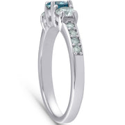 1 Carat Three Stone Treated Blue & White Diamond Ring 14K White Gold