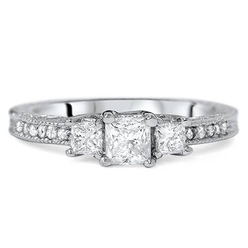 1 1/4ct Vintage Diamond Three Stone Princess Cut Engagement Ring 14K White Gold