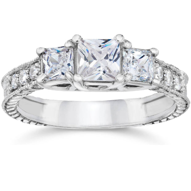 1ct Vintage Three Stone Princess Cut Diamond Engagement Ring 14K White Gold