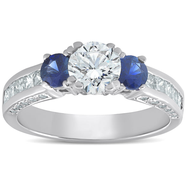 3ct Three Stone Enhanced Diamond Blue Sapphire Accent Ring 14K White Gold