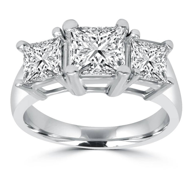 2ct 3 Stone Princess Cut Real Diamond Engagement Ring 14K White Gold