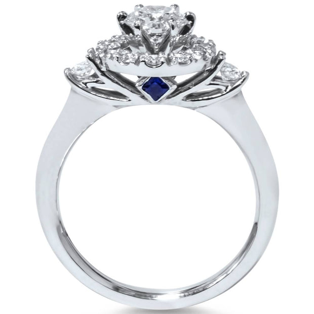 1 1/10ct Diamond Halo 3-Stone Engagement Ring 14K White Gold Round Wedding Set