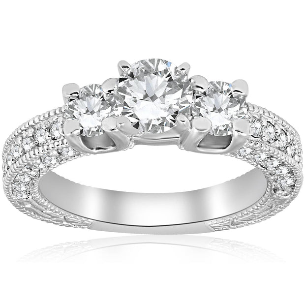 G/SI 2ct Diamond Vintage 3 Stone Engagement Antique Ring 14K White Gold Enhanced