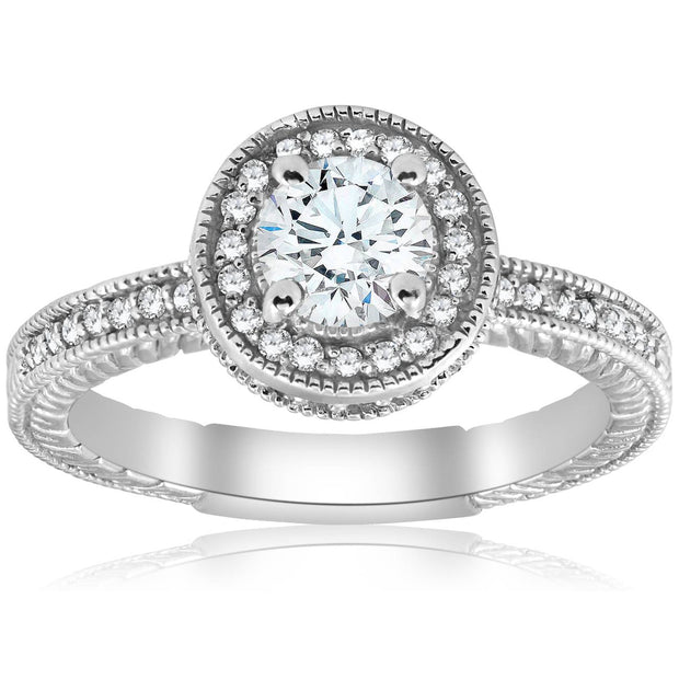 1 Carat Vintage Halo Genuine Diamond Engagement Ring 14K White Gold