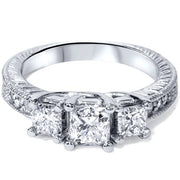 1 3/4ct Vintage Diamond Three Stone Princess Cut Engagement Ring 14K White Gold