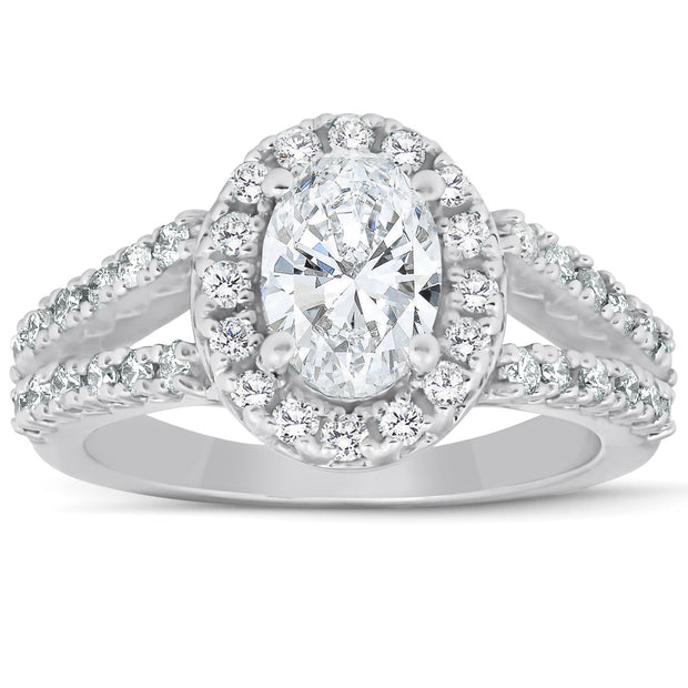 1 1/2Ct Oval (1ct Center) Diamond Halo G/SI Engagement Ring Enhanced White Gold