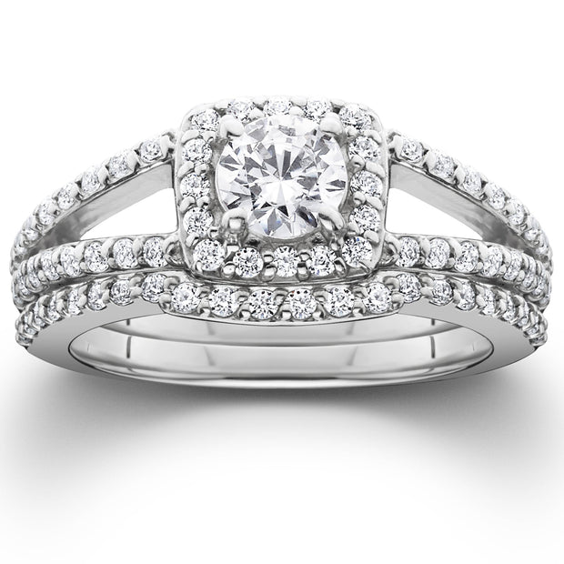 1 1/5ct Pave Halo Split Shank Diamond Engagement Wedding Ring Set 14K White Gold