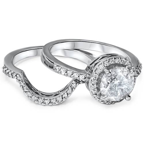 2 1/2ct Halo Diamond Engagement Wedding Ring Set 14K White Gold Matching Guard