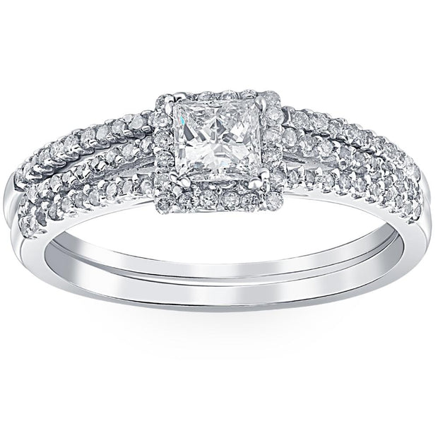 3/4ct Princess Cut Split Shank Engagement Ring Set 14K White Gold