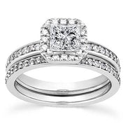 1ct Princess Cut Halo Diamond Engagement Ring Set 14K White Gold