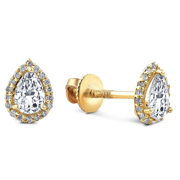 1/2Ct Pear Shape Halo Screw Back Diamond Studs White or Yellow Gold Earrings