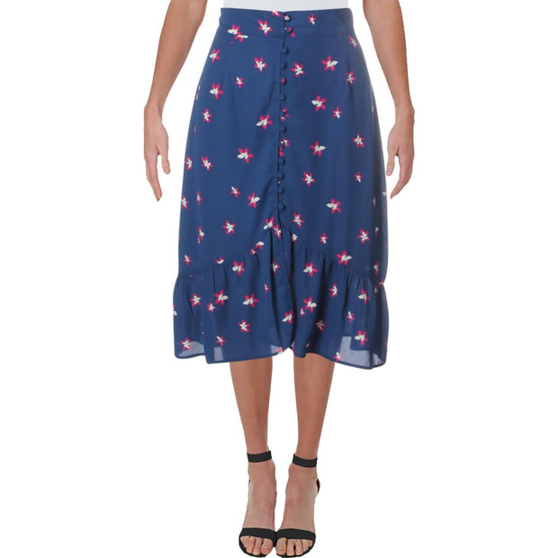 Womens Floral Print Button-Detail Midi Skirt