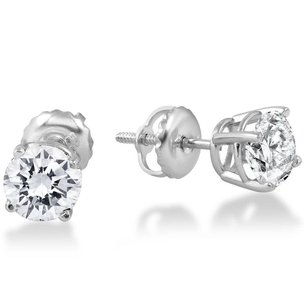 1ct Round Diamond Stud Earrings in 14K Whte Gold with Screw Backs