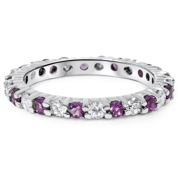 1 1/2ct Diamond & Amethyst Eternity Stackable Ring 14K White Gold