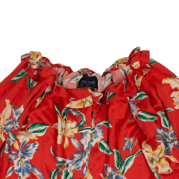 LOST DAZE Red Silk Floral 'Aloha' Off-Shoulder Blouse Shirt