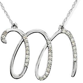 Diamond "M" Initial Pendant 18" Necklace 14K White Gold